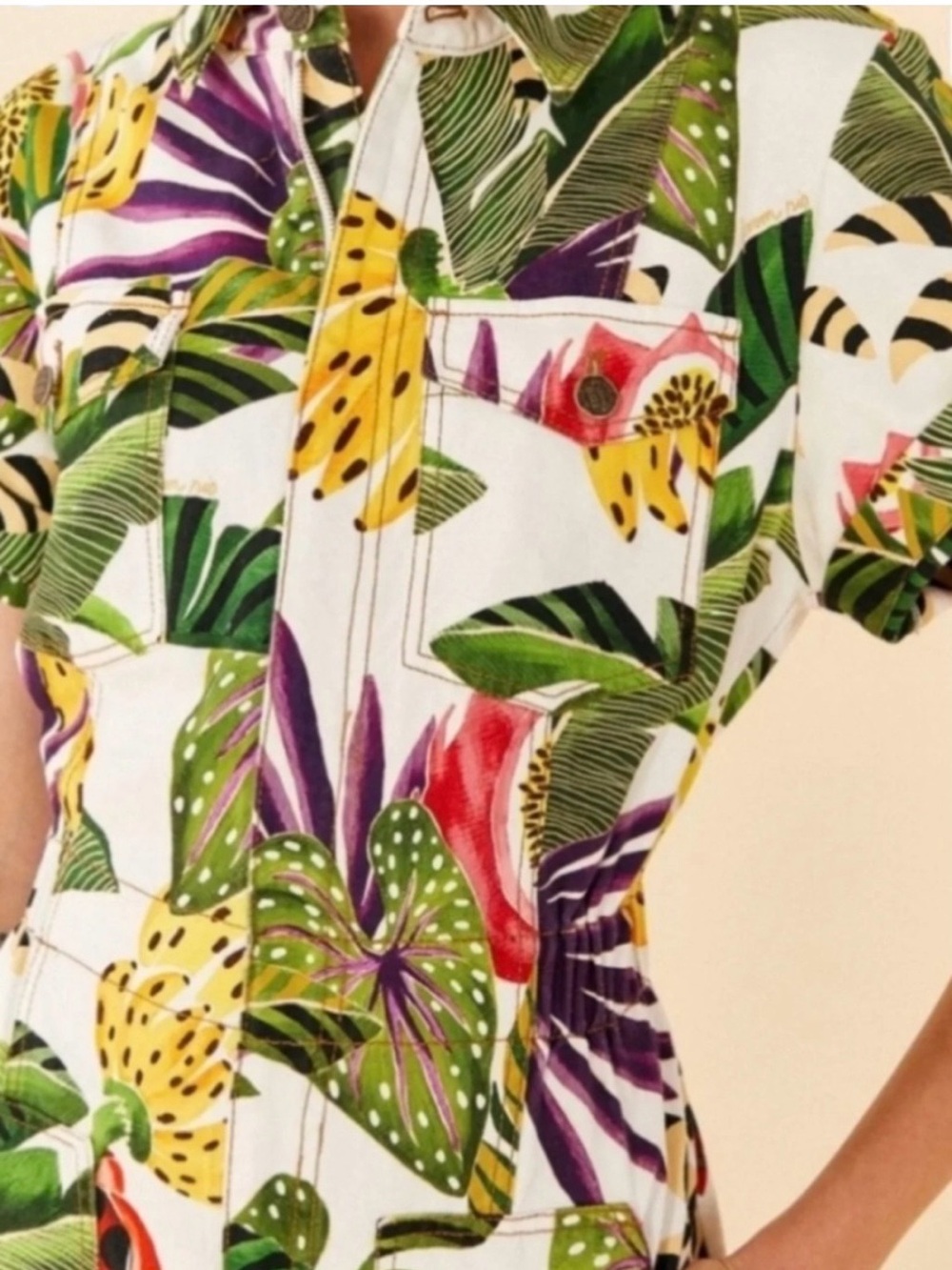 FarmRio Tropical Print Short-Sleeve Jumpsuit in White - Picture 5 of 12